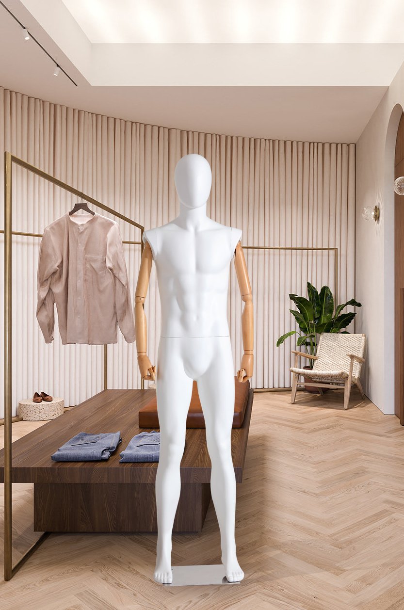 Eurotondisplay HX-M11-6MJ piękny abstrakcyjny manekin, biały lakierowany matowo, lniany pokrowiec, ramiona i palce wykonane z drewna można dowolnie regulować, podstawa ze stali nierdzewnej (HX-M11-6MJ)