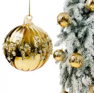Bombki - BOMBKA CHOINKOWA SZKLANA DEKOROWANA KRYSZTAŁAMI I BROKATEM NA CHOINKĘ ZŁOTA W POŁYSKU 8 CM BOMBKI CHOINKOWE BAŃKI I OZDOBY NA CHOINKĘ - miniaturka - grafika 1