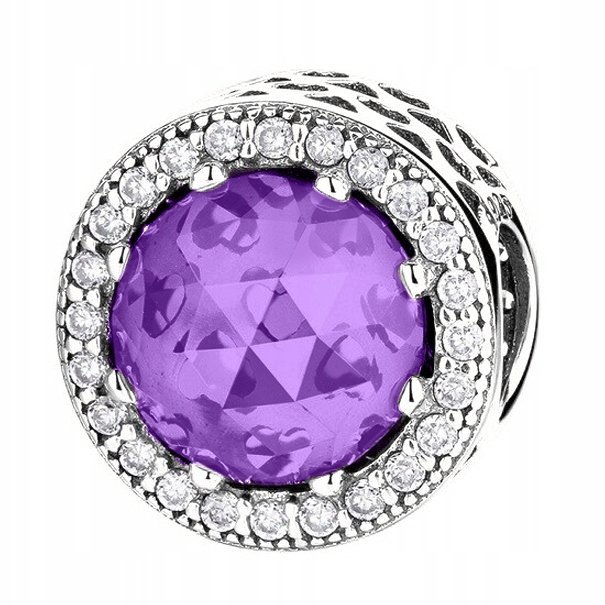 Charms Srebrny Fioletowy Kamień Okrągły Kryształ Cyrkonie SREBRO 925