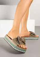 Klapki i japonki damskie - Zielone Klapki na Grubej Podeszwie Zdobione Kokardą z Metalicznymi Aplikacjami Tenalenea - miniaturka - grafika 1