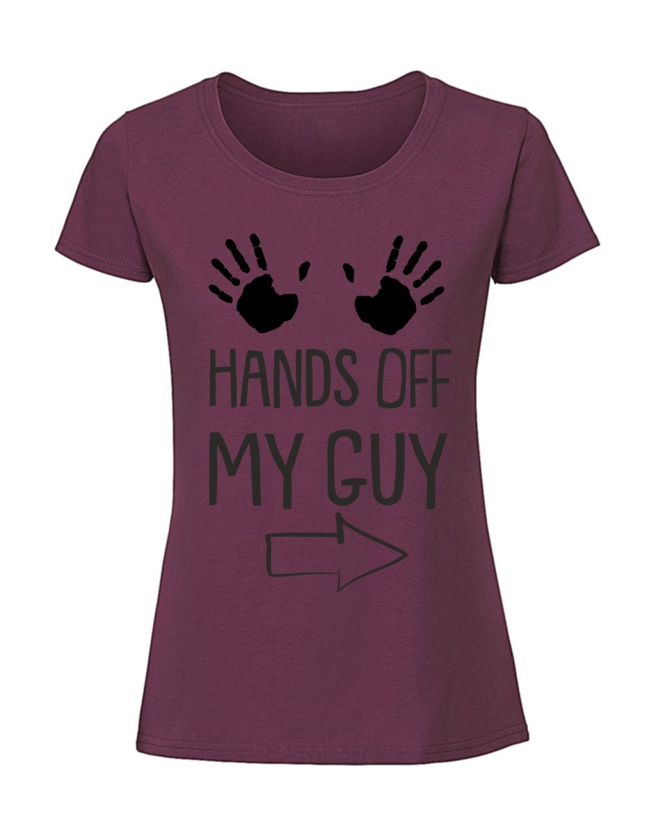Damska koszulka z nadrukiem - HANDS OFF MY GUY Burgundowy XXL
