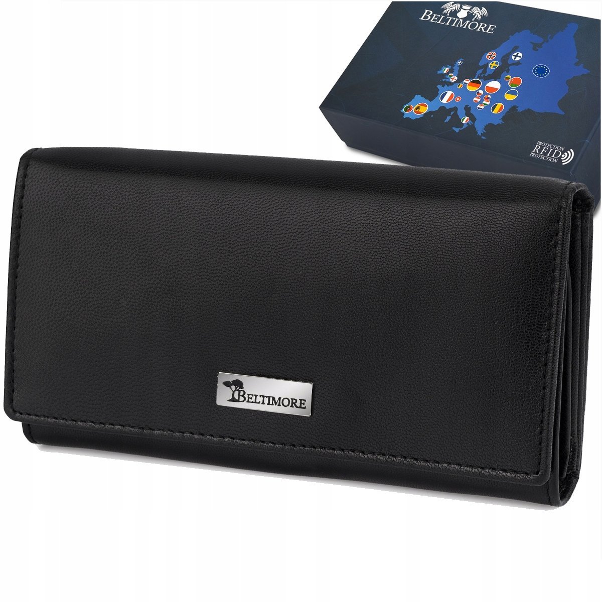 Portfel skórzany damski RFiD skóra na karty klasyk duży czarny Beltimore