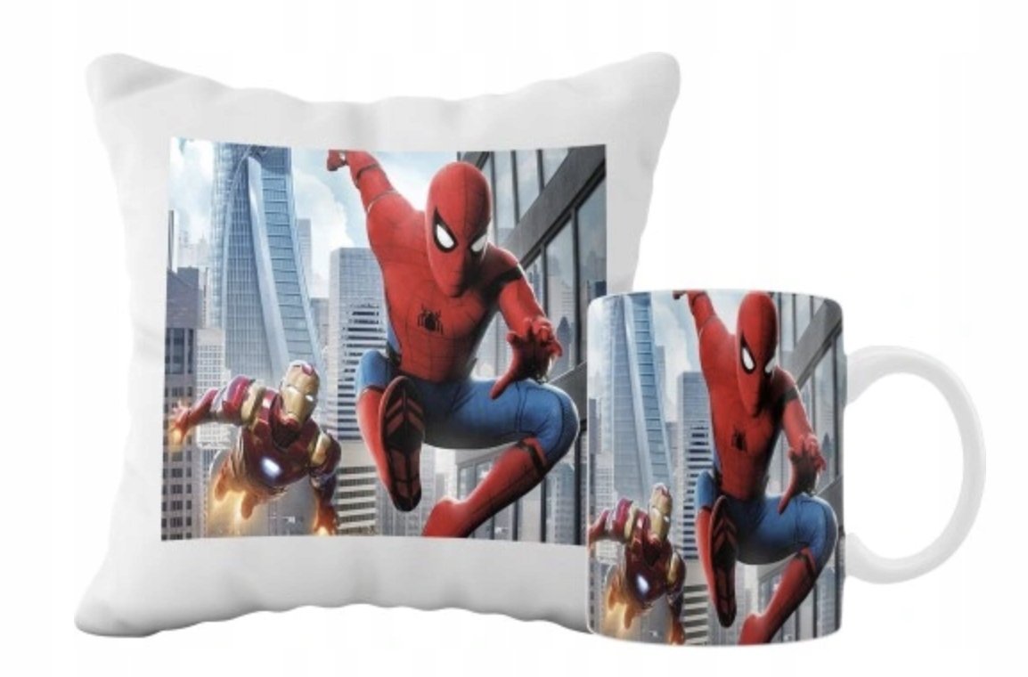ZESTAW PODUSZKA + KUBEK Prezent SPIDERMAN IRON MAN AVENGERS + IMIĘ 24