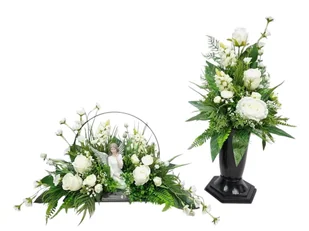 ANIOŁ RÓŻE białe (540.1) stroik + bukiet KOMPLET na cmentarz - Sztuczne kwiaty - miniaturka - grafika 1