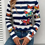Bluzki damskie - TEMU Damska Biało-Niebieska Paskowana Koszulka z Długim Rękawem i Motywem Motyli - Casualowa Bluzka z Okrągłym Dekoltem, Wielokolorowy Wzór Motyli i - miniaturka - grafika 1