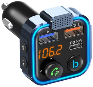 Transmiter FM +  ładowarka samochodowa QC3.0  + PD20W zestaw głośnomówiący - Transmitery FM - miniaturka - grafika 1