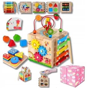 Kostka Aktywnosci 8w1 Sorter Montessori Drewno Zegar Klocki Prezent Rozowy - Sortery dla dzieci - miniaturka - grafika 1