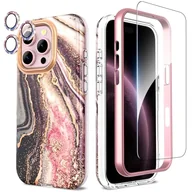Etui i futerały do telefonów - SHEDEER Etui 4 w 1 do iPhone'a 16 Pro z osłoną ekranu i ochroną aparatu, klasy wojskowej 360°, odporne na wstrząsy, z tworzywa TPU, odporne na blaknięcie, błyszczące etui na telefon czarno-różowe - miniaturka - grafika 1