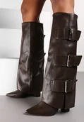 Kozaki damskie - Brązowe Rockowe Kozaki na Słupku z Wywiniętą Cholewką Wykończone Klamrami Navlaya - Renee - miniaturka - grafika 1