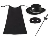 Stroje karnawałowe - ZESTAW ZORRO CZARNY PELERYNA 90cm 4el - miniaturka - grafika 1