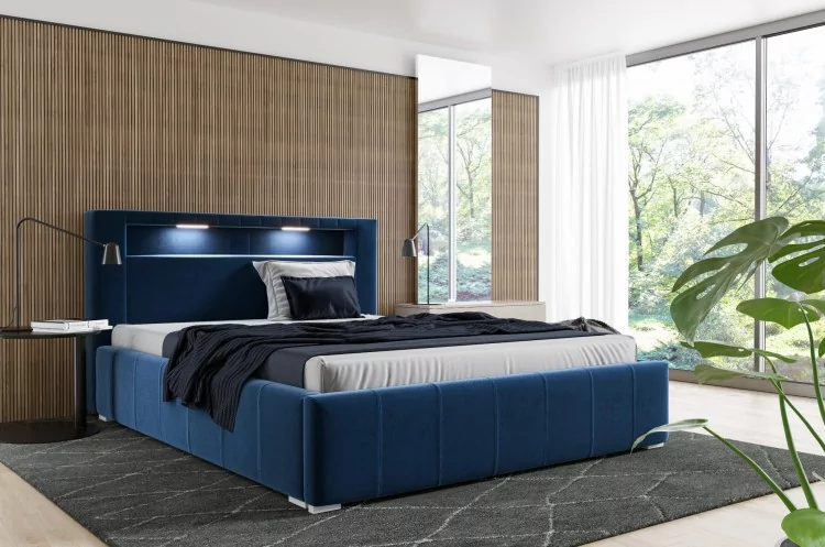 Łóżko tapicerowane pikowane z materacem Palermo 160x200 Niebieskie Metalowy Stelaż