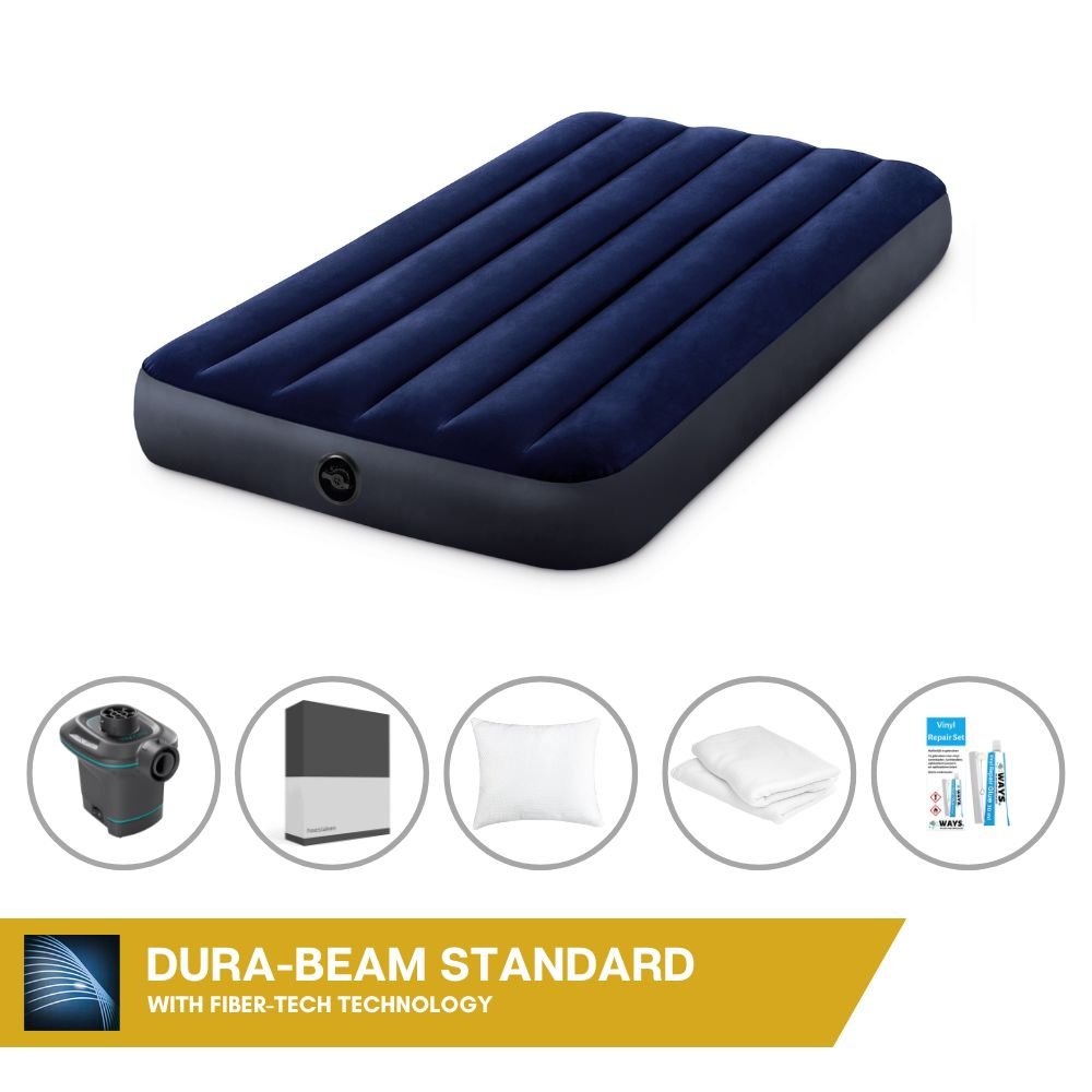 Łóżko dmuchane Intex - 1 osoba - 99 x 191 x 25 cm - niebieskie + pompka elektryczna Intex - 650 litrów/min + prześcieradło czarne + poduszka + poszewki Molton 2 w 1 + zestaw naprawczy