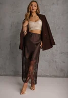 Spódnice - Brązowa Koktajlowa Spódnica z Satyny z Koronką Avelori - miniaturka - grafika 1