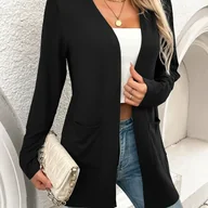 Swetry damskie - TEMU Jednokolorowy Kardigan z Otwartym Przodem, Casualowy Długi Rękaw z Podwójną Kieszenią, Lekki Kardigan, Idealny na Wiosnę i Jesień, Odzież Damska - miniaturka - grafika 1