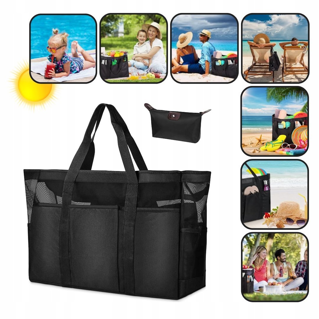 DUŻA TORBA PLAŻOWA Z SIATKI - SKŁADANA - ODPORNA NA PIASEK - Z ZAMKIEM