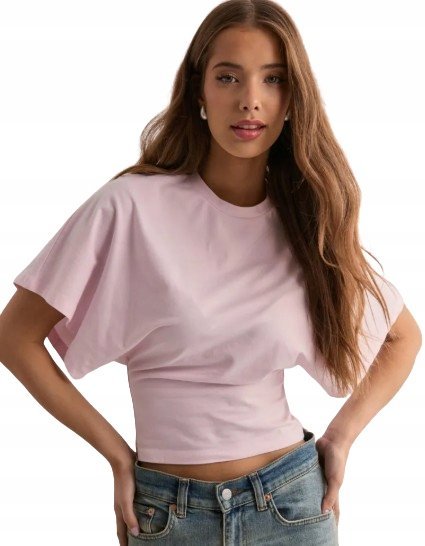 NELLY T-SHIRT DAMSKI RÓŻOWY Z KRÓTKIM RĘKAWEM GŁADKI S DRF