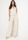 Komplety damskie - Jasnobeżowy Komplet z Wiskozą w Eleganckim Stylu Kamizelka i Szerokie Spodnie Koririnea - miniaturka - grafika 1