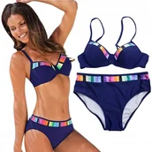 Stroje kąpielowe - STRÓJ KĄPIELOWY GRANAT KOLOROWE WSTAWKI PUSH UP L - miniaturka - grafika 1