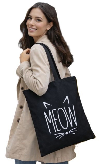 Torba na zakupy MEOW kotek z nadrukiem materiałowa na zamek TA-90 czarny