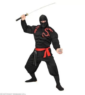 Czapki damskie - Widmann Widmann 00523  kostium dla dorosłych muskulaturalny Ninja koszulka mięśni, kominiarka, spodnie i pasek, czarny 00523 - grafika 1