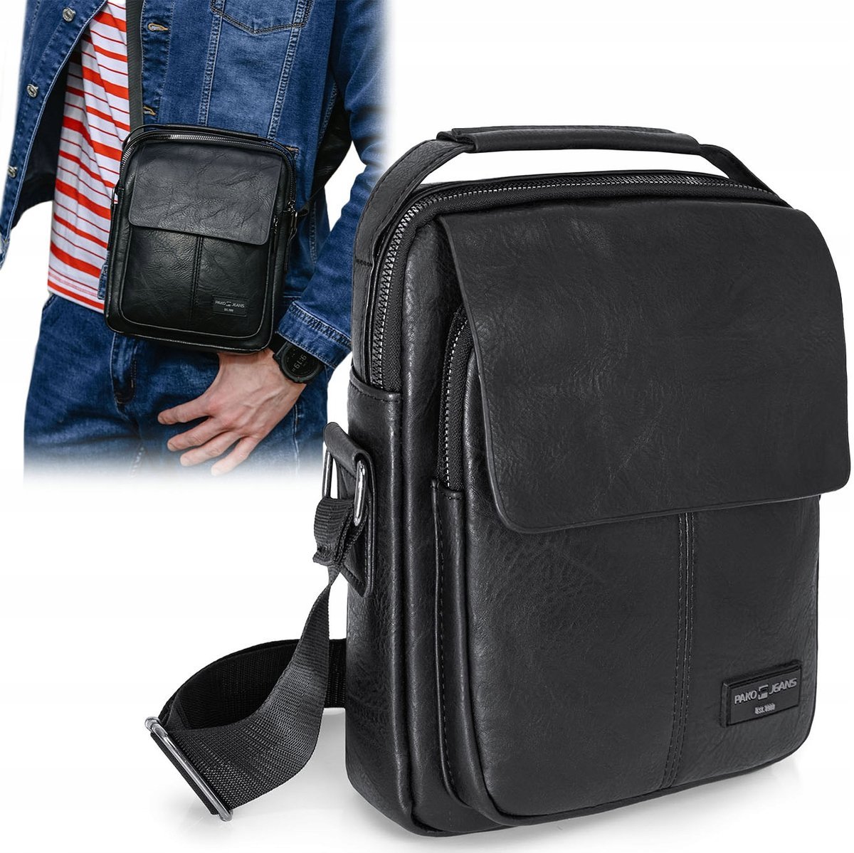 TORBA Męska SKÓRZANA na RAMIĘ Duża Saszetka na Pasku CZARNA Pako Jeans