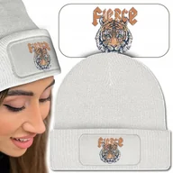 Czapki damskie - Ciepła Czapka Zimowa Biała LEW LION Śmieszne Wzory - miniaturka - grafika 1