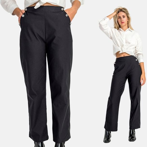 Spodnie Damskie Wiskoza Gładkie Na Gumie Ozdobne Guziki Kieszenie Czarne XL