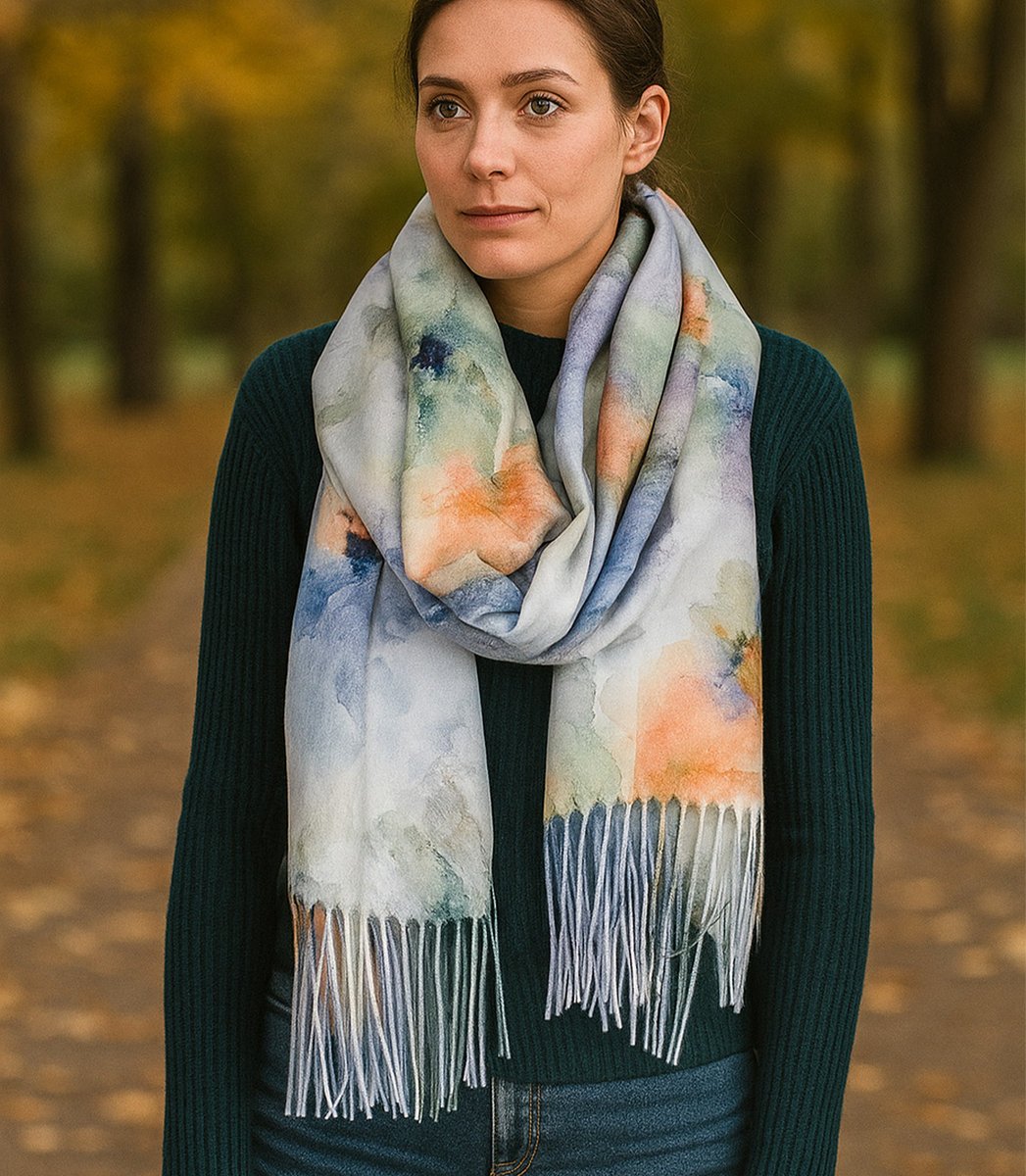 Szal damski z motywem akwarelowych kwiatów frędzle