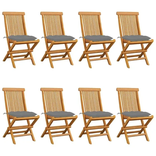 Składane krzesła ogrodowe z drewna tekowego z szarymi poduszkami 47x60x89