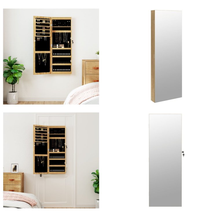 vidaXL Lustrzana szafka na biżuterię z oświetleniem LED do montażu na ścianie - Lustrzana szafka na biżuterię - Lustrzane szafki na biżuterię - Szafka na biżuterię - Lustro do przechowywania