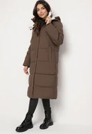 Kurtki damskie - Brązowa Długa Kurtka Pikowana z Odpinanym Kapturem i Kieszeniami Etarose - miniaturka - grafika 1