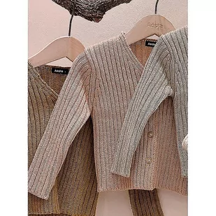 Slowmoose Jesienny sweter dziecięcy, single breast knit v neck long sleeve cardigan różowy 9M - Bluzki dla niemowląt - miniaturka - grafika 1