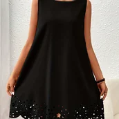 Inne - TEMU Letnia Sukienka Damska Bez Rękawów - Czarna, A-Line z Wycięciami, Okrągły Dekolt i Luźny Fason na Codzienne lub Formalne Wyjścia, Elegancka - miniaturka - grafika 1