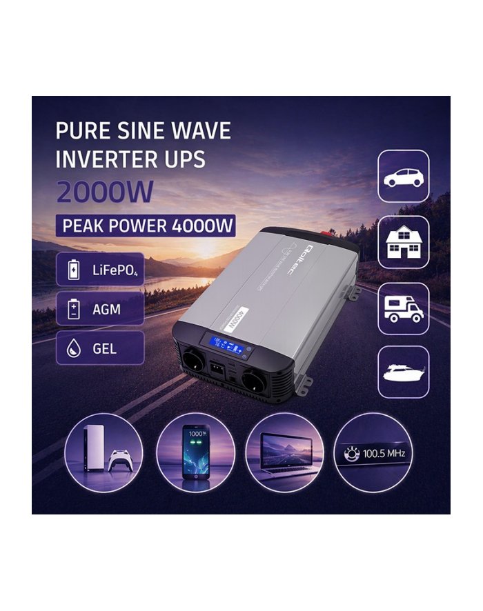 qoltec Przetwornica napięcia Pure Sine Wave 12V na 230V 2000/4000WUPS BYPASS