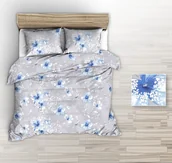 Pościel - Pościel z kory 160x200 szara duże niebieskie rysowane kwiaty - miniaturka - grafika 1
