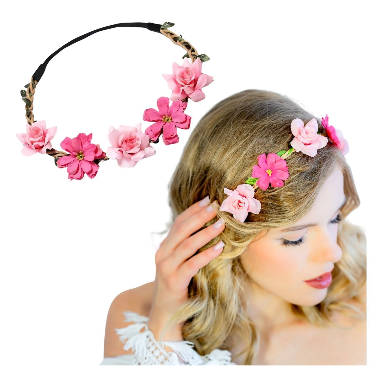 Opaska Wianek na Głowę Różowy do Włosów z Kwiatami na Gumce Lekki i Wygodny