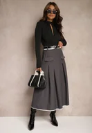 Spódnice - Szara Spódnica High Waist z Plisami Wykończona Imitacją Kieszeni i Paskiem Evilenes - miniaturka - grafika 1