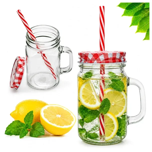 Kubek z Wieczkiem i Słomką 500ml Szklany Słoik na Wodę Lemoniadę Butelka