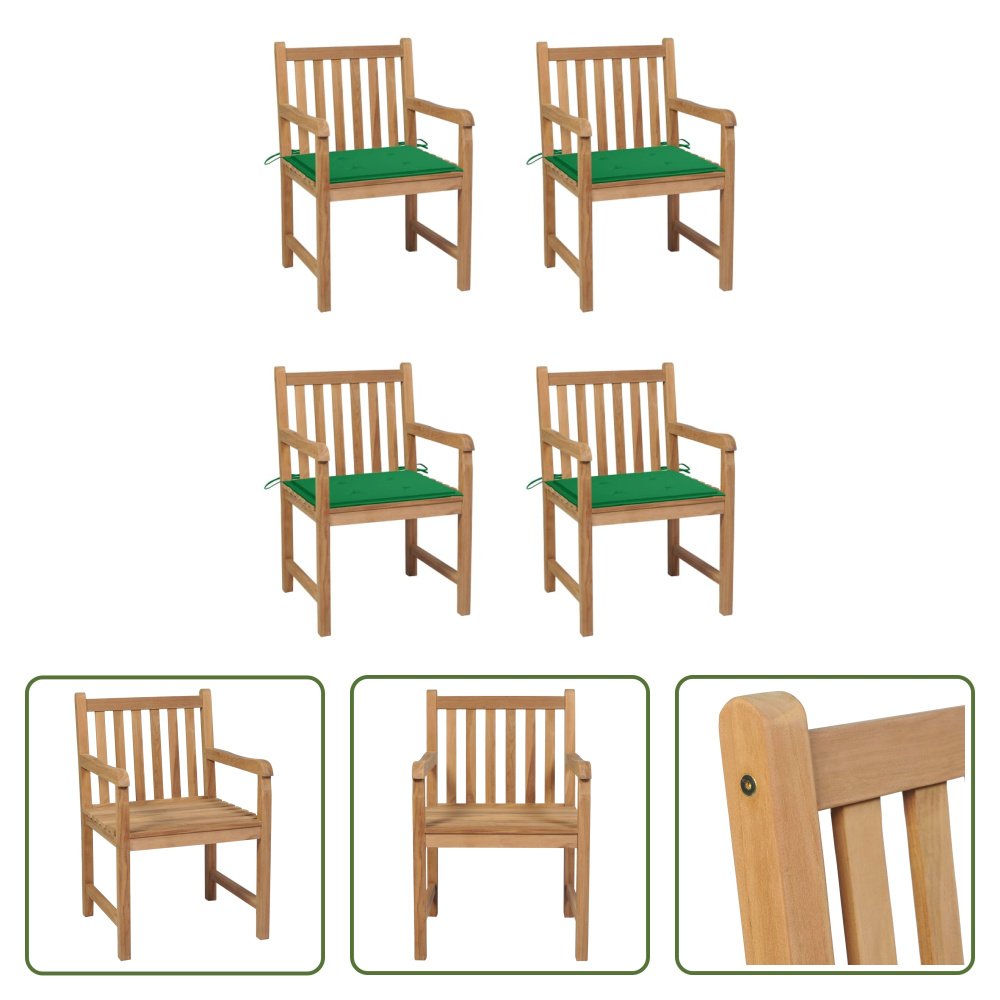 The Living Store krzesła ogrodowe 4 szt. z zielonymi poduszkami z litego drewna tekowego