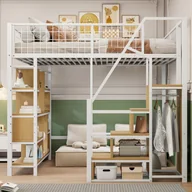 Łóżka dla dzieci i młodzieży - Łóżko piętrowe metalowe 140x200cm - z półkami i schodkami - białe (materac nie jest wliczony w cenę) - miniaturka - grafika 1