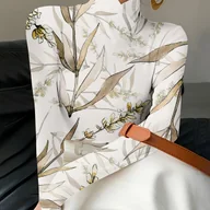 Bluzki damskie - TEMU Elegancka koszulka z długim rękawem i kwiatowym nadrukiem dla kobiet, wysoki dekolt, nadruk cyfrowy, uniwersalny top na każdą porę roku, stylowa - miniaturka - grafika 1