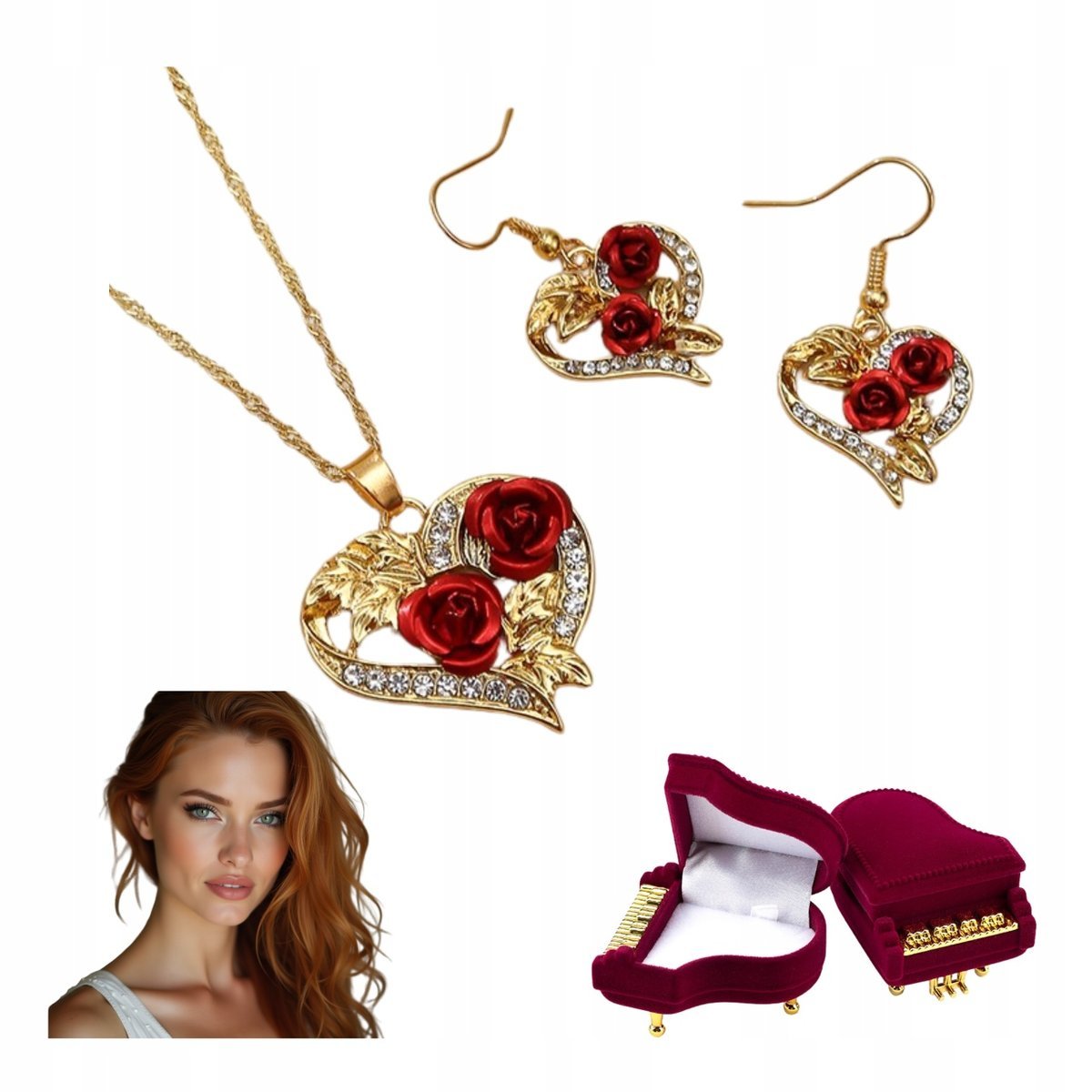 ZESTAW: NASZYJNIK + KOLCZYKI RÓŻE CYRKONIE PREZENT IMIENINY ŚLUB URODZINY