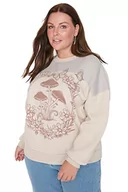 Bluzy damskie - Trendyol Damska bluza z okrągłym dekoltem jednokolorowa, regularna, plus size, BEŻOWY, XXL duże rozmiary - miniaturka - grafika 1