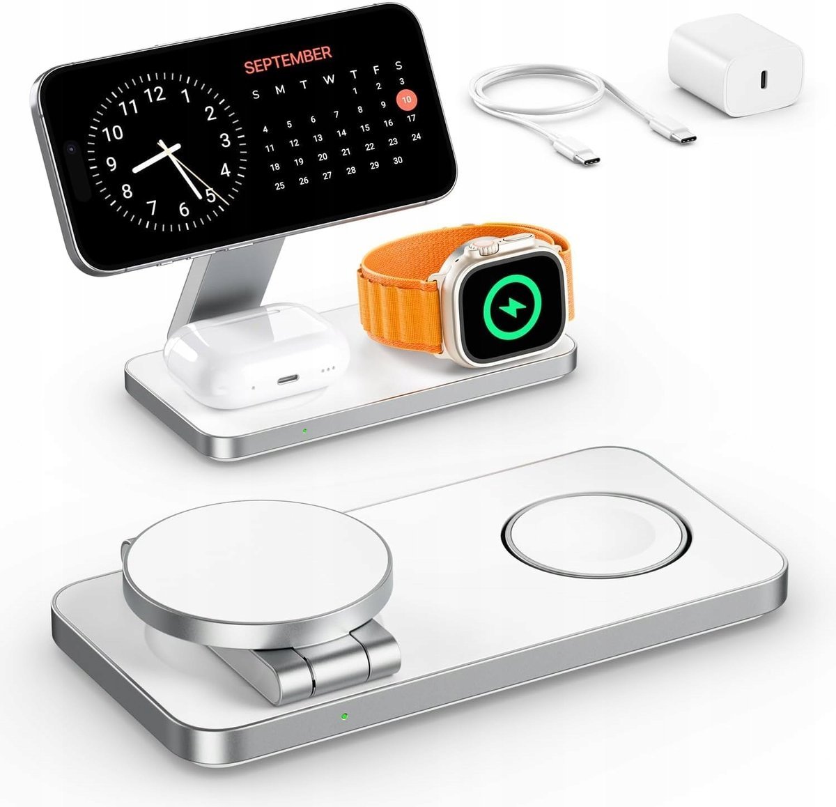 STACJA INDUKCYJNA 3W1 ŁADUJĄCA KOMPLETNA SMARTWATCH TELEFON SŁUCHAWKI USB