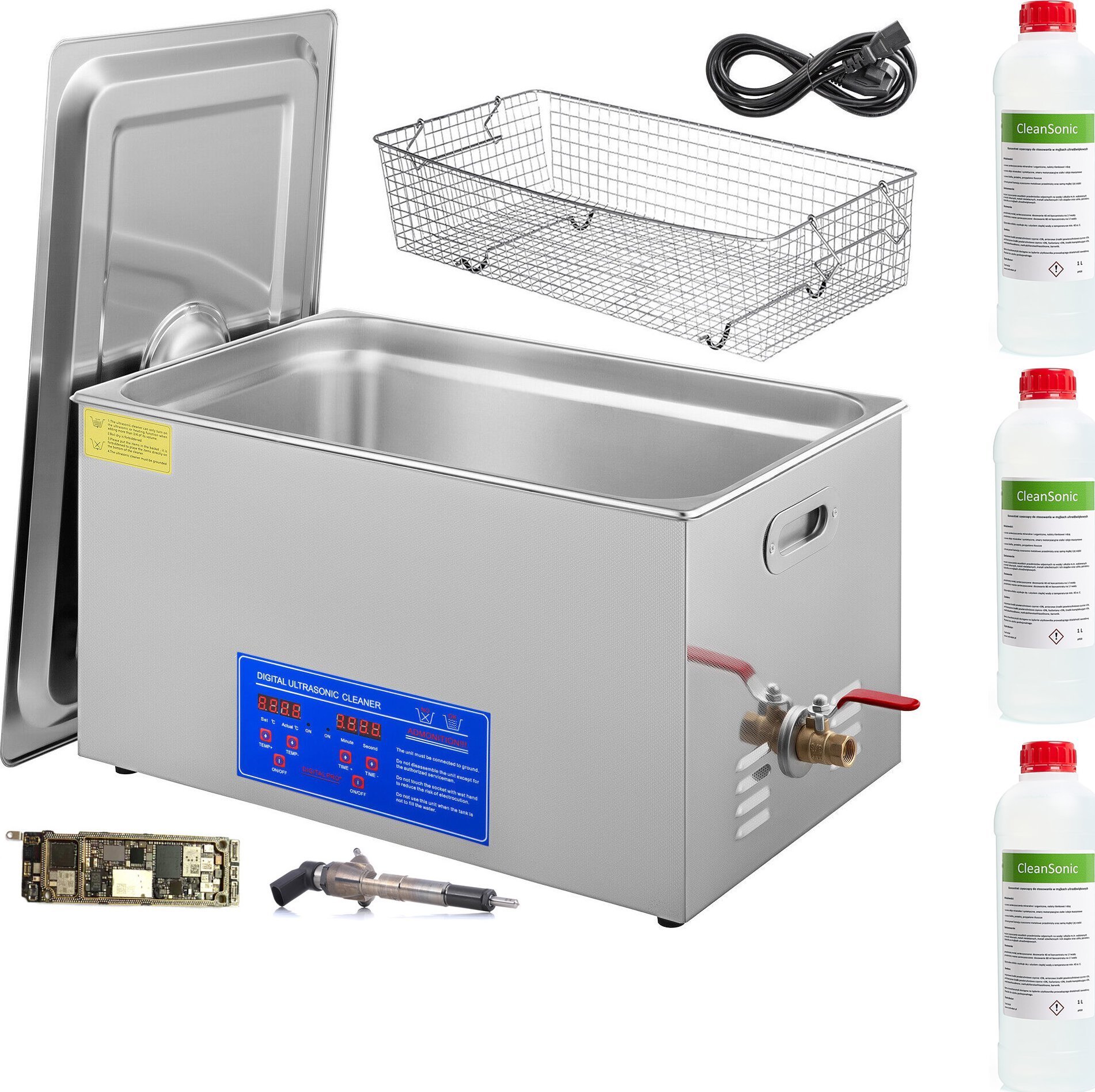 Techrebal Myjka Wanna Ultradźwiękowa 22L 1080W Grzałka Kosz 3x Koncentrat Zestaw