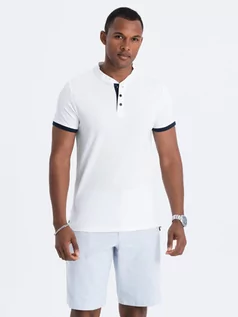 Koszulki męskie - T-shirt męski polo bez kołnierzyka - biały V1 S1381 - grafika 1