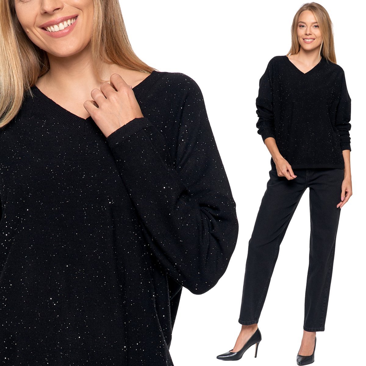 SWETER DAMSKI ELEGANCKI Z WISKOZY LUŹNY KRÓJ Z CEKINAMI MORAJ L/XL BLACK