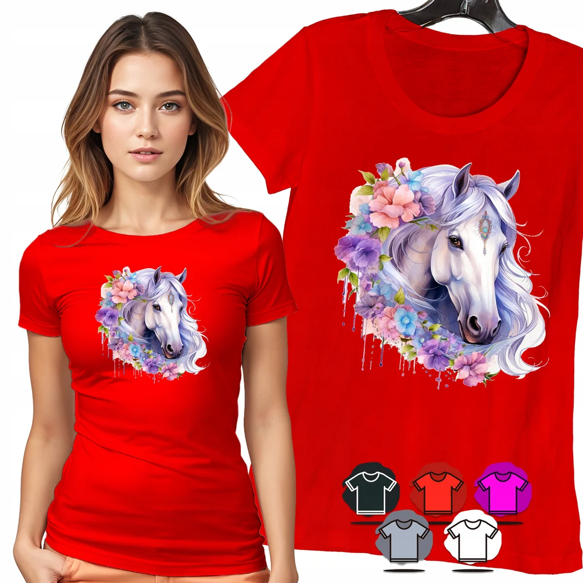 KOSZULKA DAMSKA T-SHIRT - KOŃ Z KWIATAMI FIOLETOWY PORTRET DLA NIEJ - L