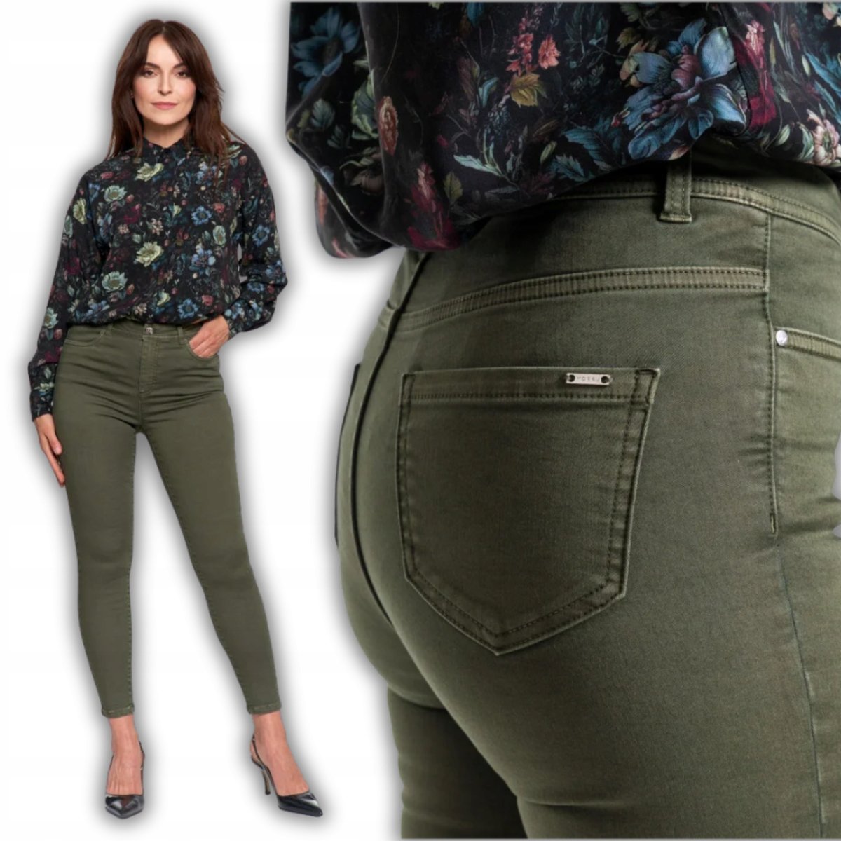 SPODNIE DAMSKIE SKINNY ELASTYCZNE ELEGANCKIE PODWYŻSZONY STAN MORAJ M GREEN