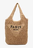 Torebki damskie - Ciemnobeżowa Torebka Shopperka z Plecionki Ozdobiona Napisami Navillian - miniaturka - grafika 1